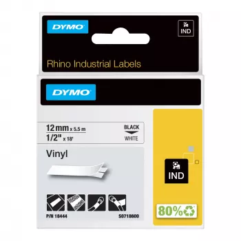 DYMO Rhino priemyselné vinylové etikety | 12 mm x 5,5 m | čierna tlač na bielej | samolepiace | pre Rhino & LabelManager tlačiareň etikiet