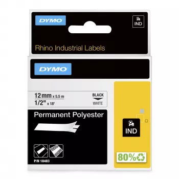 DYMO Rhino priemyselné permanentné polyesterové etikety | 12 mm x 5,5 m | čierna tlač na bielej | samolepiace | pre Rhino & LabelManager tlačiareň etikiet