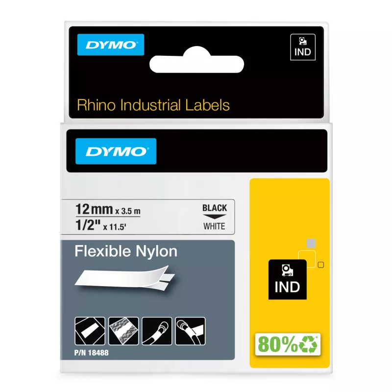 DYMO Rhino priemyselné flexibilné nylonové etikety | 12 mm x 3,5 m | čierna tlač na bielej | samolepiace | pre Rhino & LabelManager tlačiareň etikiet
