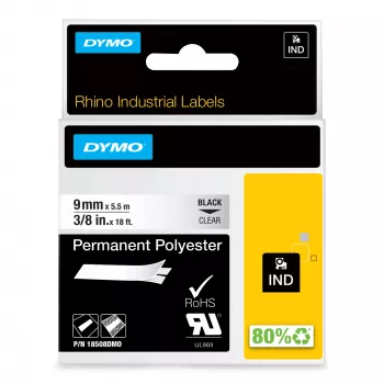 DYMO Rhino priemyselné permanentné polyesterové etikety | 9 mm x 5,5 m | čierna tlač na priehľadnej | samolepiace | pre LabelManager & Rhino tlačiareň etikiet