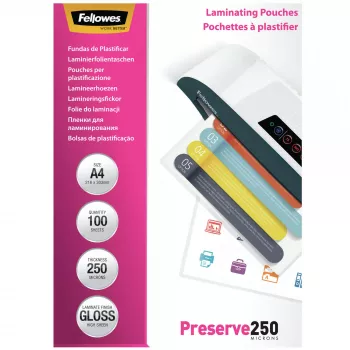 Fellowes A4 Glossy 250 mikrónov laminovacie fólie – balenie 100 ks, lesklé, transparentné, A4, 0,25 mm, 210 mm, 1 mm