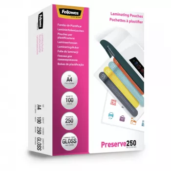 Fellowes A4 Glossy 250 mikrónov laminovacie fólie – balenie 100 ks, lesklé, transparentné, A4, 0,25 mm, 210 mm, 1 mm