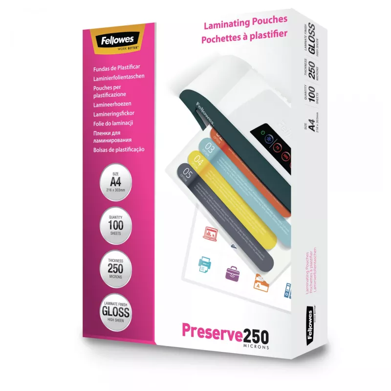 Fellowes A4 Glossy 250 mikrónov laminovacie fólie – balenie 100 ks, lesklé, transparentné, A4, 0,25 mm, 210 mm, 1 mm