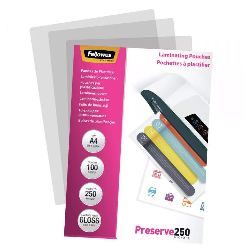 Fellowes A4 Glossy 250 mikrónov laminovacie fólie – balenie 100 ks, lesklé, transparentné, A4, 0,25 mm, 210 mm, 1 mm