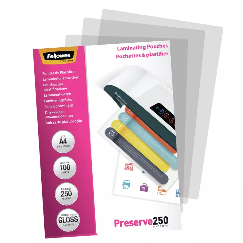Fellowes A4 Glossy 250 mikrónov laminovacie fólie – balenie 100 ks, lesklé, transparentné, A4, 0,25 mm, 210 mm, 1 mm