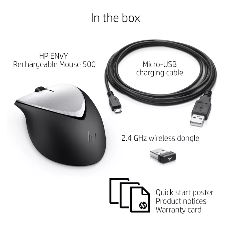 HP ENVY Rechargeable Mouse 500, obojručná, laserová, RF Wireless, 1600 DPI, čierna, sivá