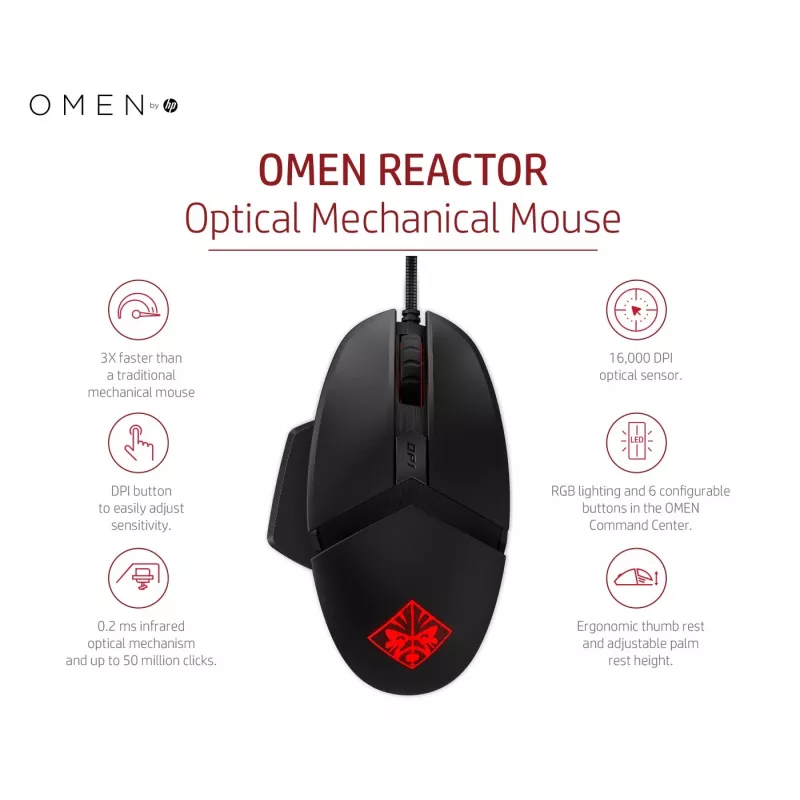 HP OMEN by Reactor myš, pravá ruka, optická, USB Type-A, 16000 DPI, 0,2 ms, čierna
