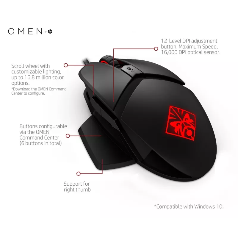 HP OMEN by Reactor myš, pravá ruka, optická, USB Type-A, 16000 DPI, 0,2 ms, čierna