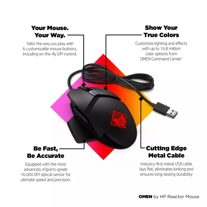 HP OMEN by Reactor myš, pravá ruka, optická, USB Type-A, 16000 DPI, 0,2 ms, čierna
