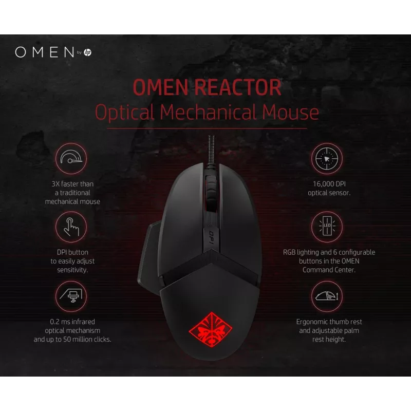 HP OMEN by Reactor myš, pravá ruka, optická, USB Type-A, 16000 DPI, 0,2 ms, čierna