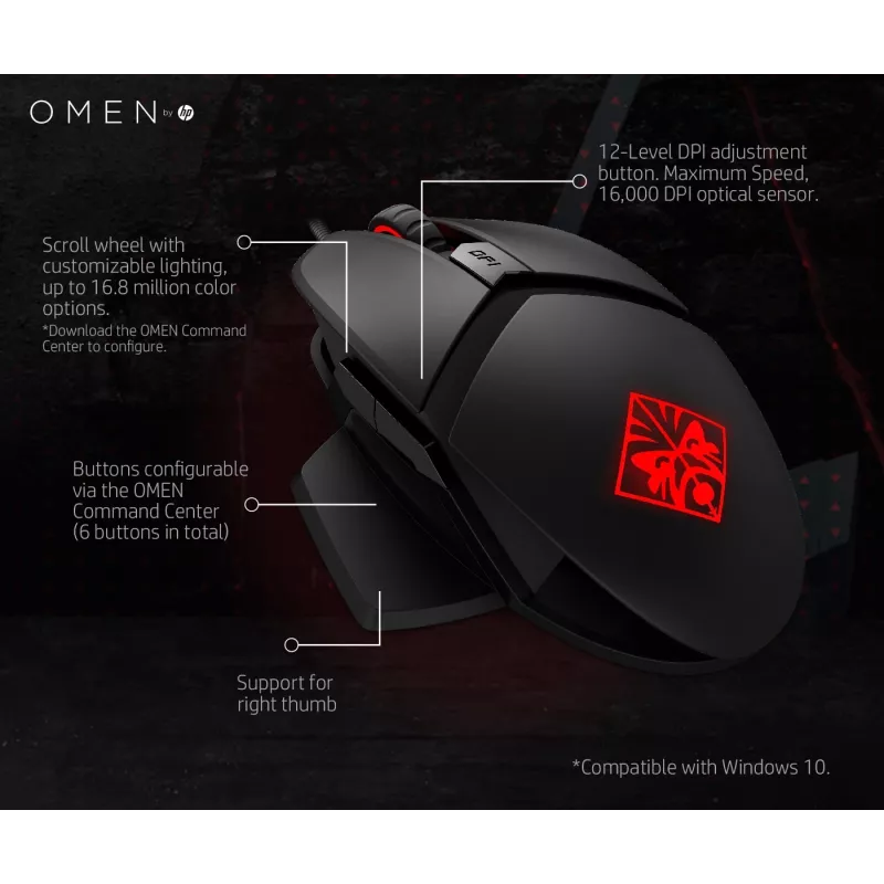 HP OMEN by Reactor myš, pravá ruka, optická, USB Type-A, 16000 DPI, 0,2 ms, čierna