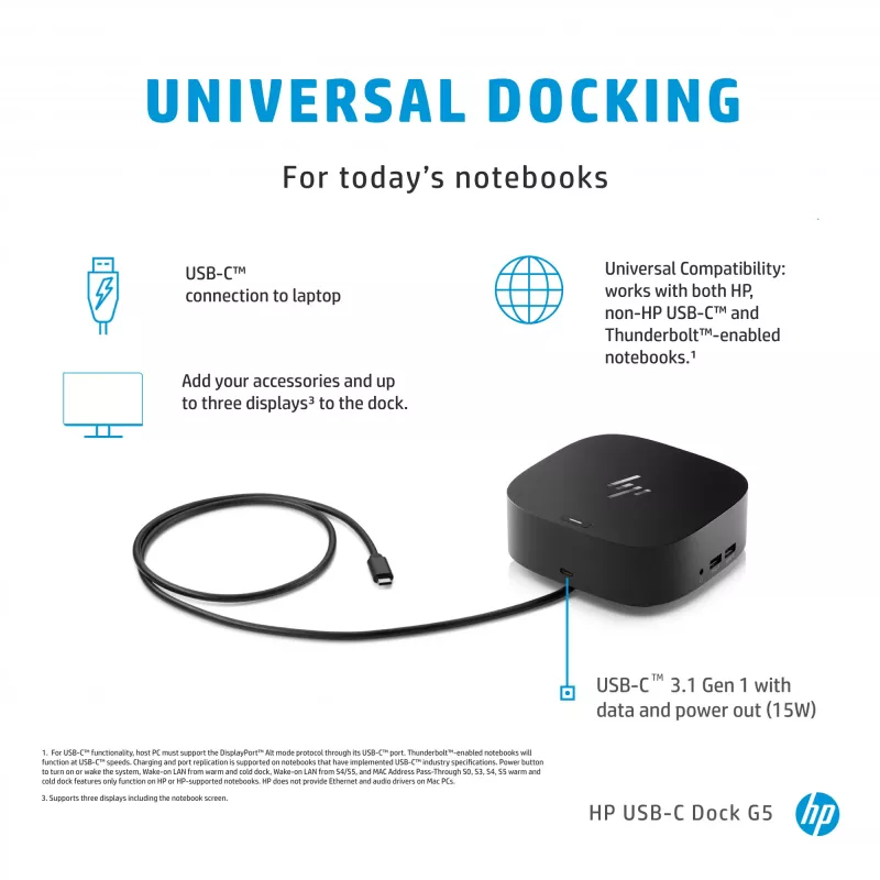 HP USB-C Dock G5, káblový, USB 3.2 Gen 1 (3.1 Gen 1) Type-C, čierna, čierna, Čína, Thajsko, Mexiko, HP