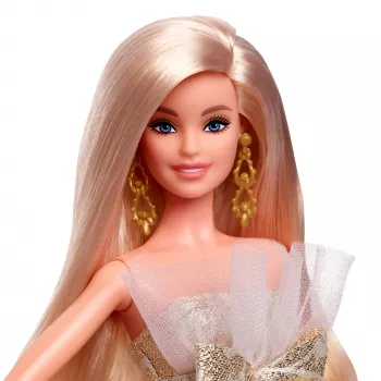 Barbie Signature 2025 Holiday Fashion bábika, sezónna zberateľská bábika, blond so striebornými a zlatými šatami