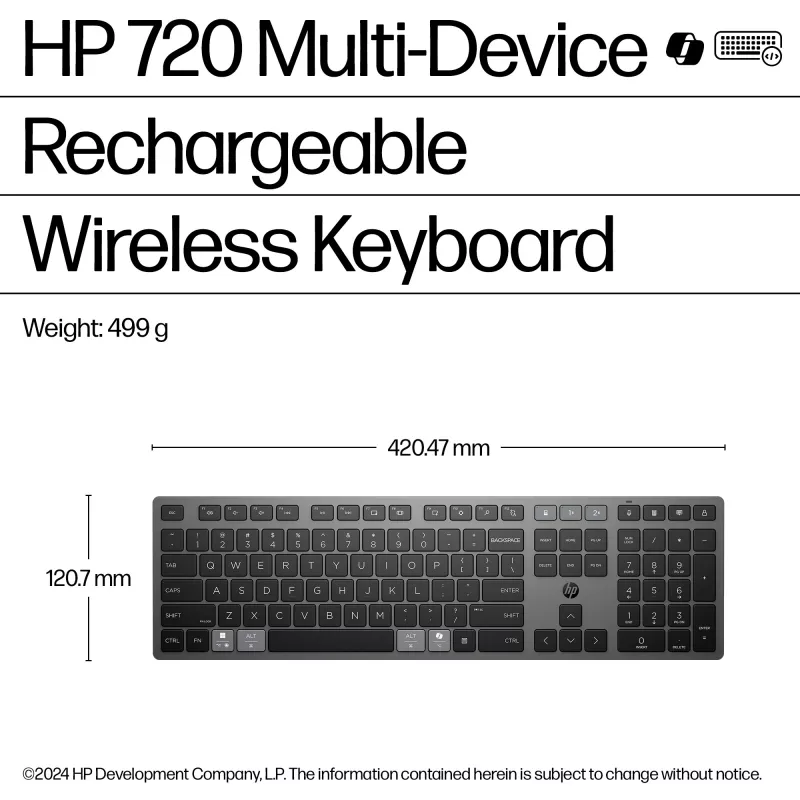 HP 720 Multi-Device nabíjateľná bezdrôtová klávesnica, Full-size (100%), bezdrôtová, USB + Bluetooth, mechanická, QWERTY, čierna
