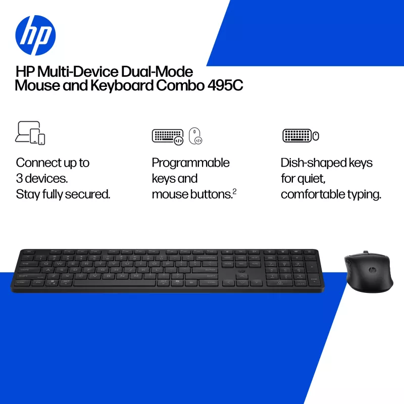 Súprava klávesnice a myši HP 495C — bezdrôtová Full-Size klávesnica, Multi-Device myš, USB/RF/Bluetooth, čierna