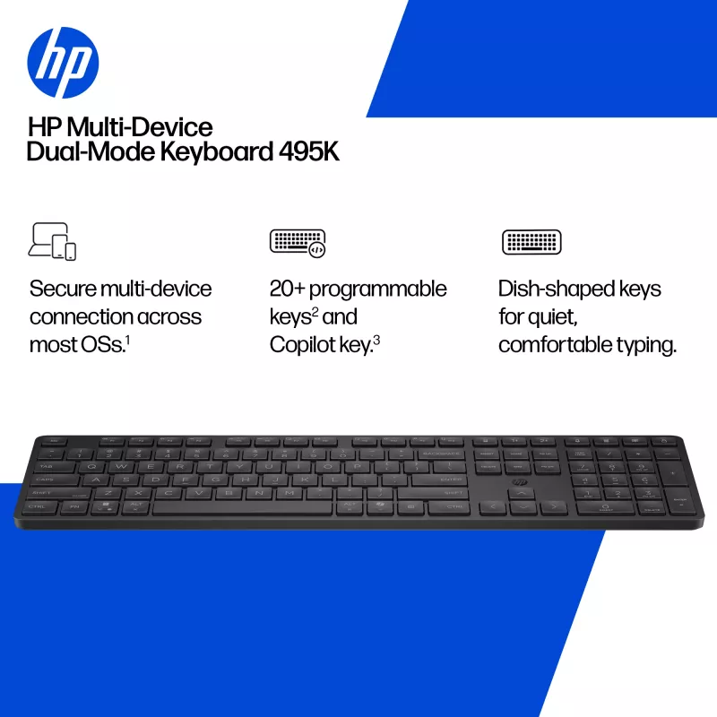 HP 495K Multi-Device Dual-Mode klávesnica, Full-Size (100 %), bezdrôtová, USB + Bluetooth, čierna