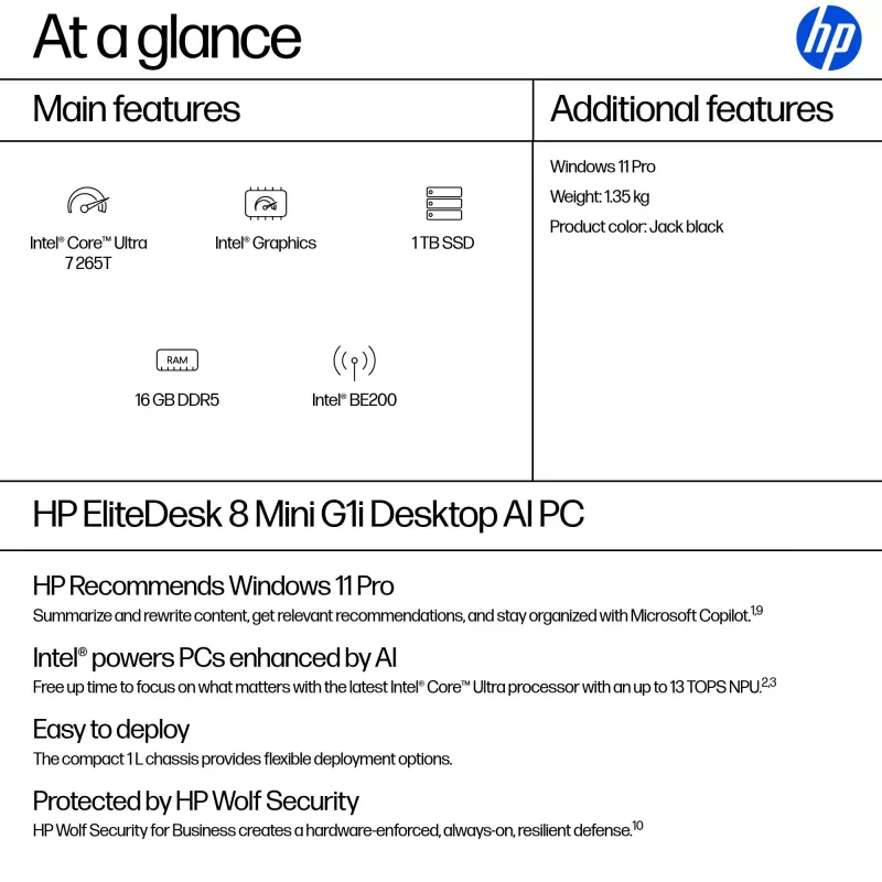 Mini PC HP EliteDesk 8 Mini G1i AI — Intel Core Ultra 7 265T, 16 GB DDR5, 1 TB SSD, Windows 11 Pro, čierna