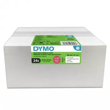 Kotúče etikiet Dymo 2223589 – biele papierové etikety 5,4 × 2,5 cm, 500 etikiet/kotúč, 12000 etikiet/balenie, FSC