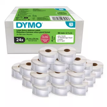 Kotúče etikiet Dymo 2223589 – biele papierové etikety 5,4 × 2,5 cm, 500 etikiet/kotúč, 12000 etikiet/balenie, FSC