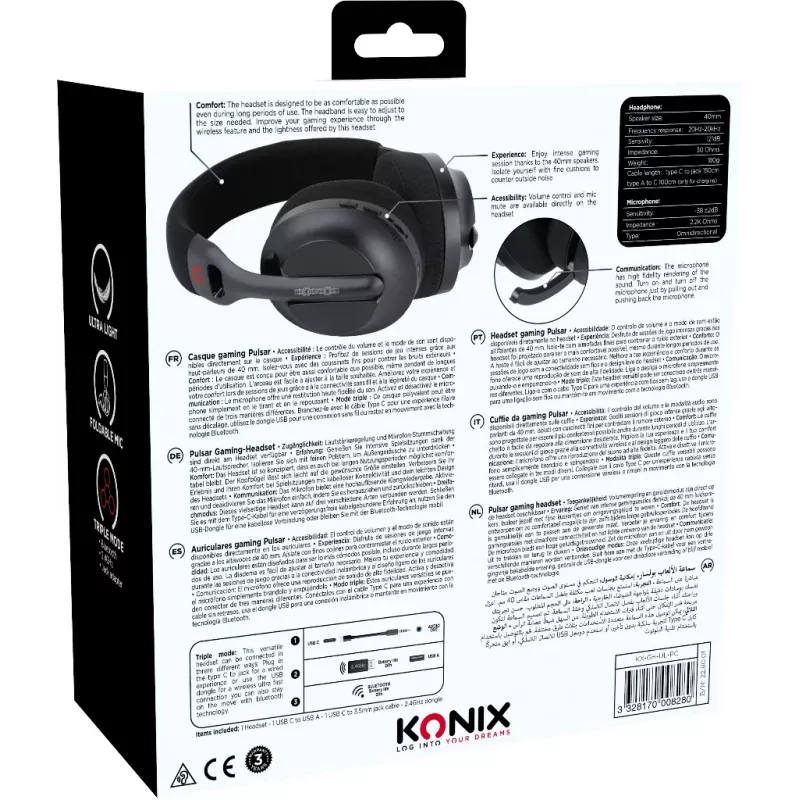 Konix PULSAR headset káblový a bezdrôtový cez hlavu herný USB Type-C Bluetooth čierna