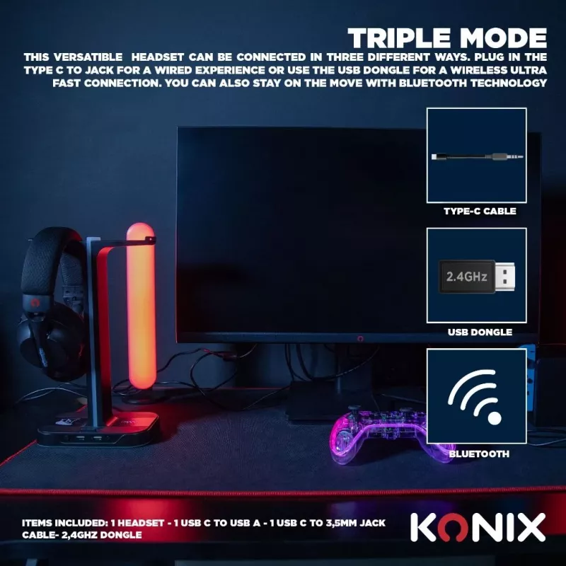 Konix PULSAR headset káblový a bezdrôtový cez hlavu herný USB Type-C Bluetooth čierna
