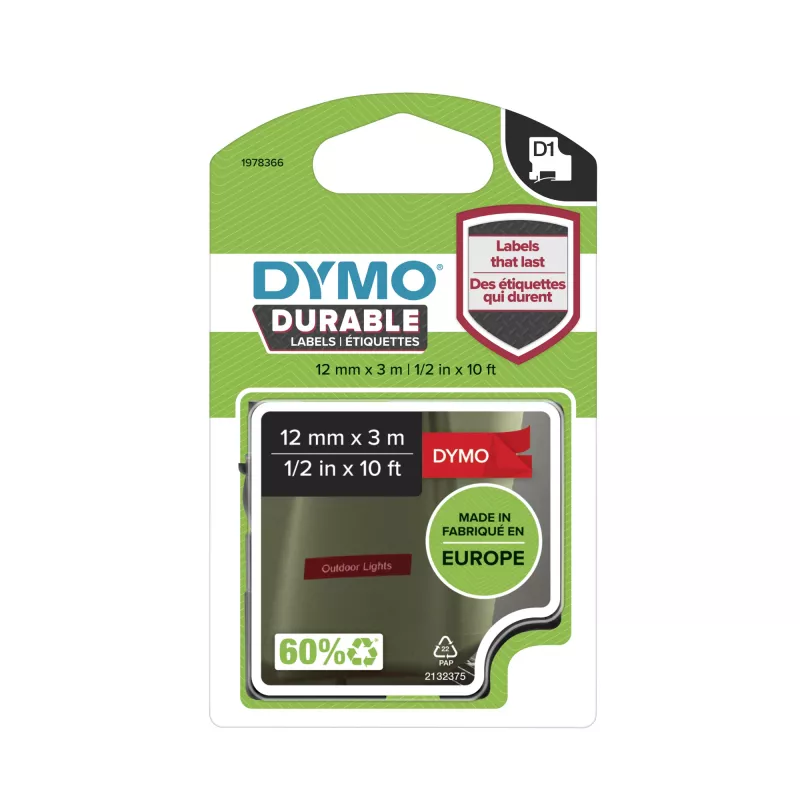 DYMO Authentic D1 Durable Labels | čierna tlač na červenej páske | 12 mm x 3 m | páska na označovanie pre tlačiarne etikiet LabelManager