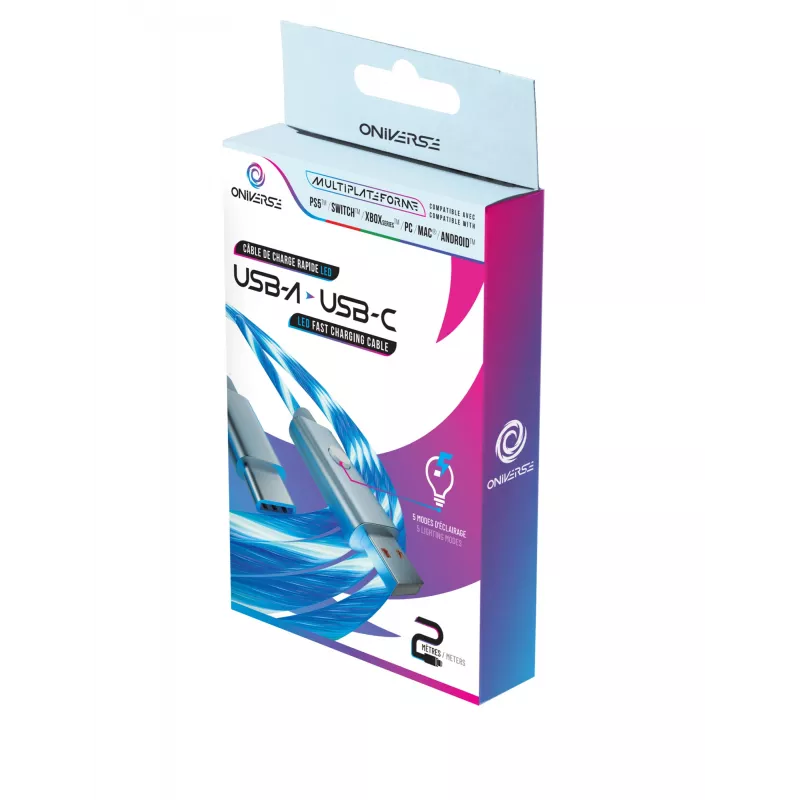 Oniverse USB-A na USB-C Quick Charge kábel s LED - 2 metre - biely (multiplatforma)