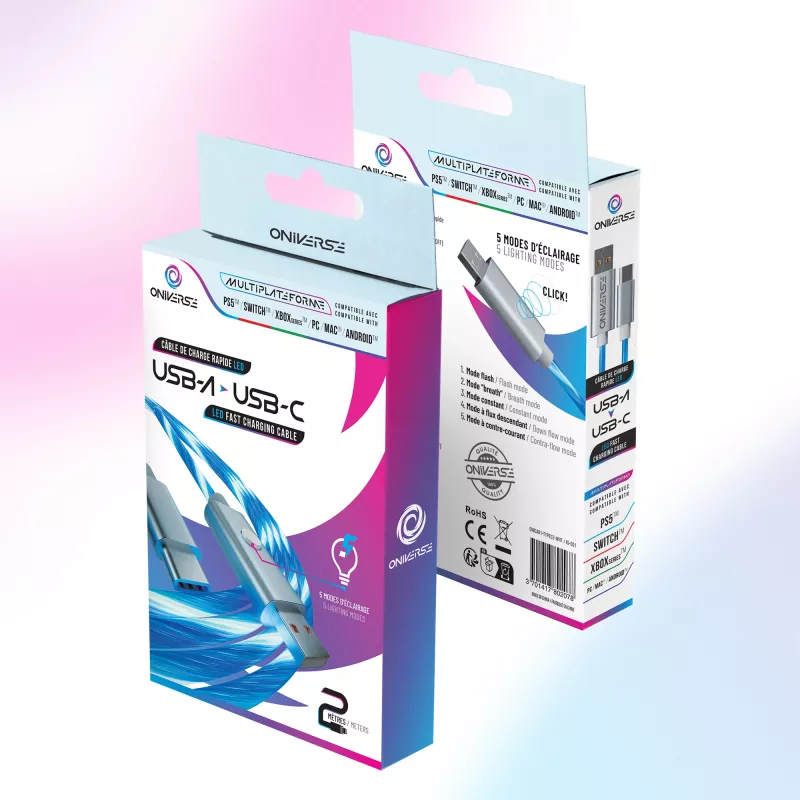 Oniverse USB-A na USB-C Quick Charge kábel s LED - 2 metre - biely (multiplatforma)