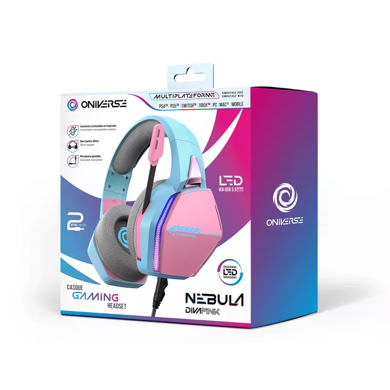 Oniverse Gaming náhlavná súprava Nebula – Diva Pink (multiplatforma), káblová, gaming, 20 – 20000 Hz, 356 g, náhlavná súprava, tyrkysová, ružová