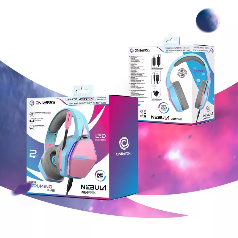 Oniverse Gaming náhlavná súprava Nebula – Diva Pink (multiplatforma), káblová, gaming, 20 – 20000 Hz, 356 g, náhlavná súprava, tyrkysová, ružová
