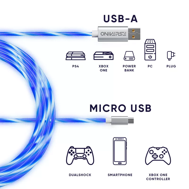Oniverse Micro-USB nabíjací kábel s LED – 2 metre – biely (multiplatforma)