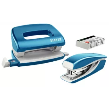 Leitz sada zošívačky a dierovača Mini WOW, 10 listov, modrá, metalická, kov, plast, 80 g/m², 3,5 cm, zadná