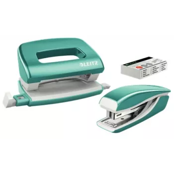 Leitz zošívačka a dierkovač sada Mini WOW, 10 listov, modrá, metalická, perleťová, P2, kov, plast, 80 g/m², 3,5 cm