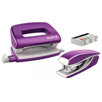 Leitz zošívačka a dierkovač sada Mini WOW, 10 listov, metalická, fialová, kov, plast, 80 g/m², 3,5 cm, zadná
