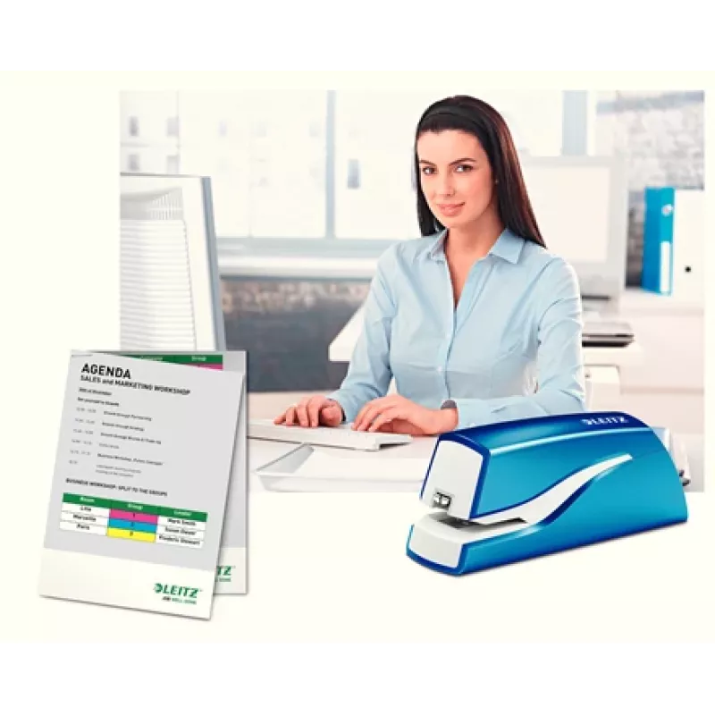 Leitz NeXXt Heftgerät na batérie WOW 5566, 10 listov, 1 cm, plast, modrá, biela, batéria, 50 mm