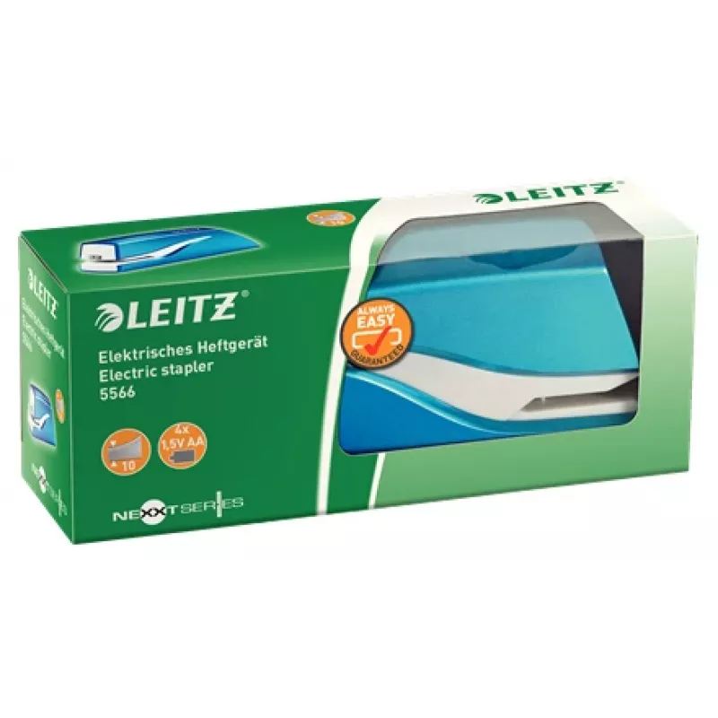 Leitz NeXXt Heftgerät na batérie WOW 5566, 10 listov, 1 cm, plast, modrá, biela, batéria, 50 mm