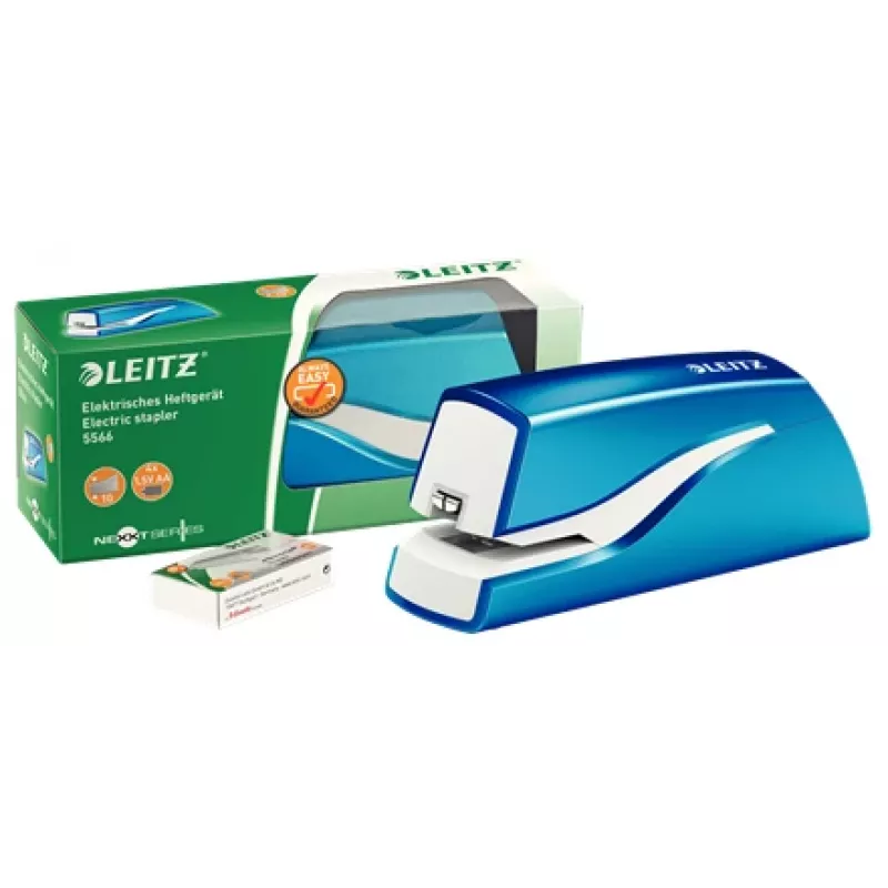Leitz NeXXt Heftgerät na batérie WOW 5566, 10 listov, 1 cm, plast, modrá, biela, batéria, 50 mm