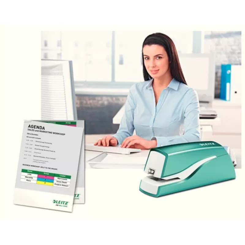 Leitz NeXXt zošívačka na batérie WOW 5566, 10 listov, 1 cm, plast, modrá, biela, batéria, 50 mm