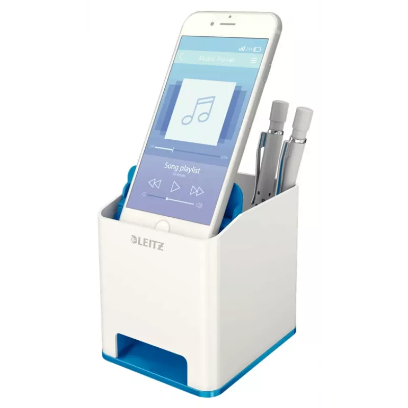 Leitz stojan na perá Sound Pen Holder WOW, modrý, biely, polystyrén, 90 mm, 101 mm, 100 mm, 140 g