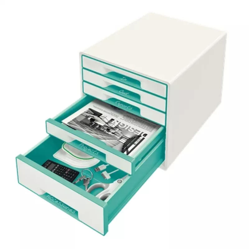 Leitz WOW Cube Schubladenschrank s 5 zásuvkami, 5 zásuviek, plast, tyrkysová, biela, 1 ks, 287 mm, 270 mm