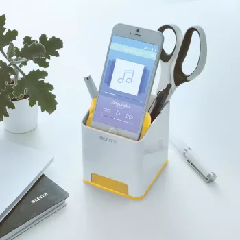 Leitz stojan na perá Sound Pen Holder WOW, biely, žltý, polystyrén, 90 mm, 101 mm, 100 mm, 140 g