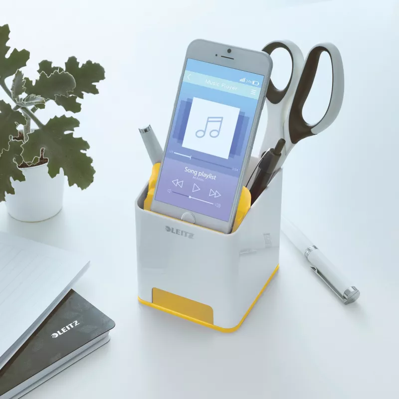 Leitz stojan na perá Sound Pen Holder WOW, biely, žltý, polystyrén, 90 mm, 101 mm, 100 mm, 140 g