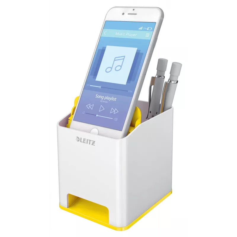 Leitz stojan na perá Sound Pen Holder WOW, biely, žltý, polystyrén, 90 mm, 101 mm, 100 mm, 140 g