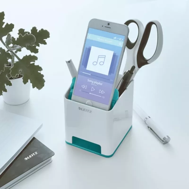 Leitz stojan na perá Sound Pen Holder WOW, modrý, biely, polystyrén (PS), 90 mm, 101 mm, 100 mm, 140 g