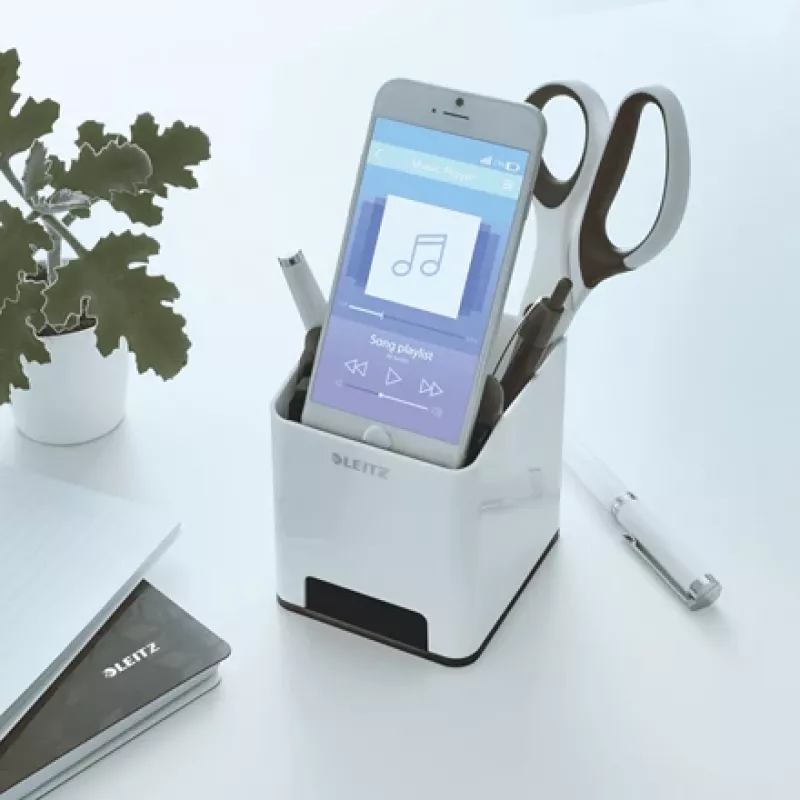 Leitz stojan na perá Sound Pen Holder WOW, čierny, biely, polystyrén, 90 mm, 101 mm, 100 mm, 140 g