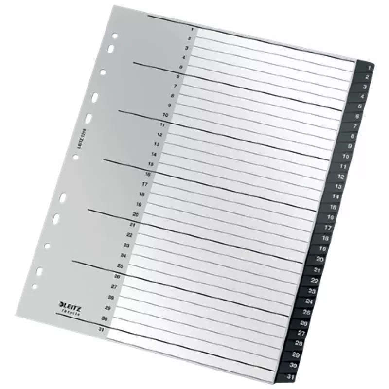 Leitz Recycle index, PP, extra široký, číselný register, polypropylén (PP), čierna, biela, na výšku, A4 Maxi, 160 g/m²