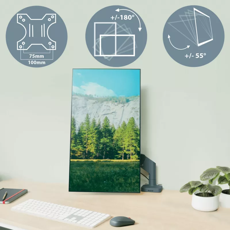 Leitz Ergo úsporný držiak na dva monitory a notebook, svorka/priechodka, 18 kg, 43,2 cm (17 palcov), 81,3 cm (32 palcov), 100 x 100 mm, tmavosivý
