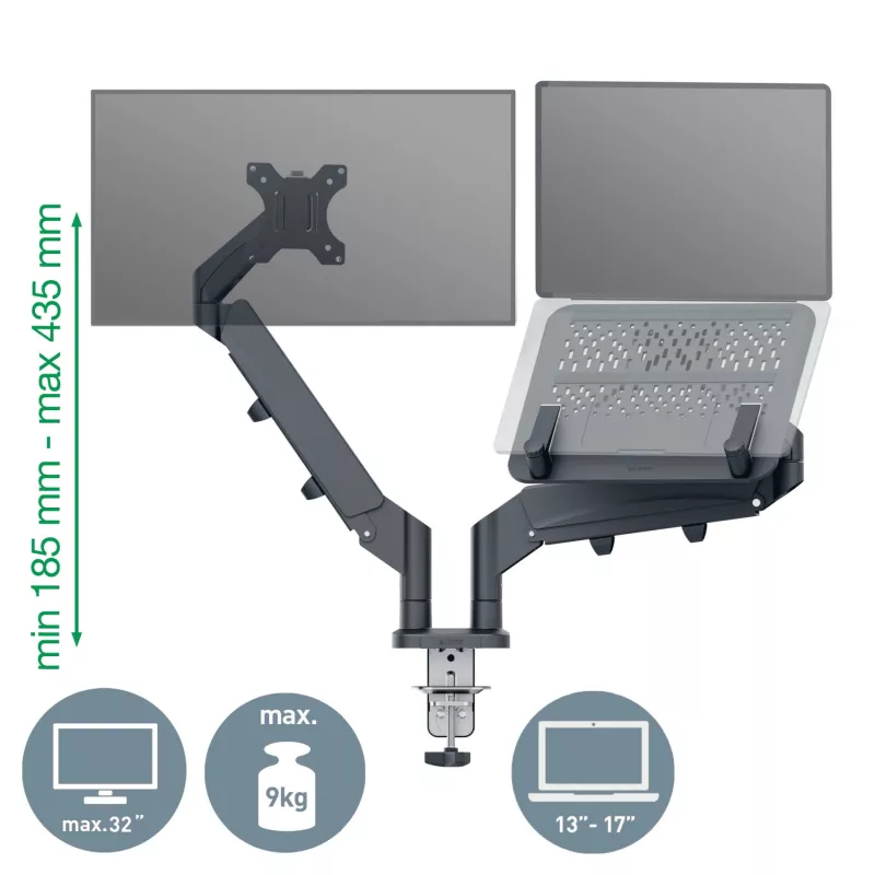Leitz Ergo úsporný držiak na dva monitory a notebook, svorka/priechodka, 18 kg, 43,2 cm (17 palcov), 81,3 cm (32 palcov), 100 x 100 mm, tmavosivý