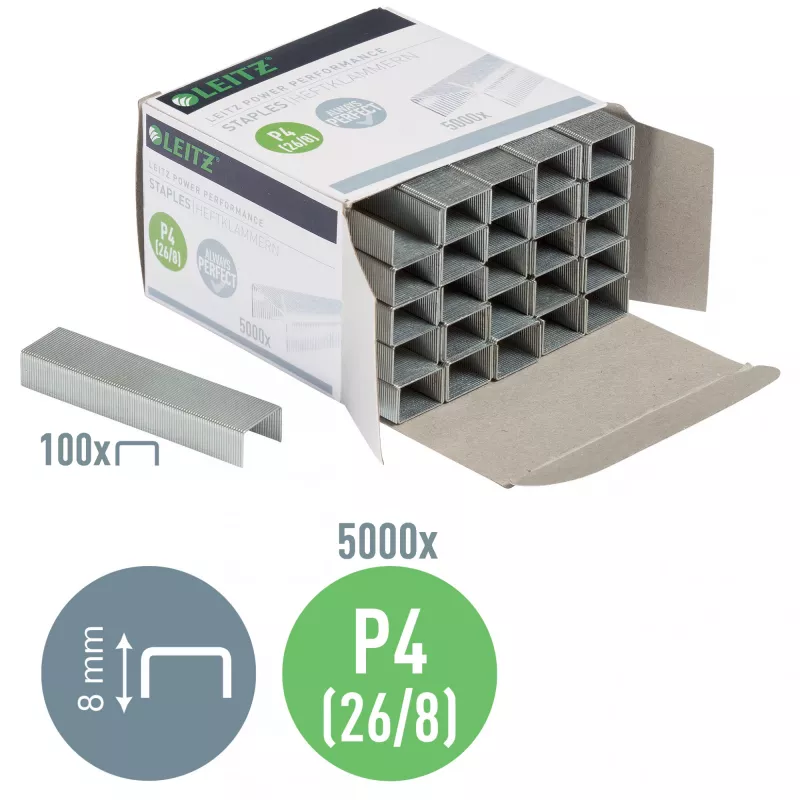 Leitz sponky Power Performance P4 26/8 box s 5000 ks, balenie sponiek, 26/8, 8 mm, 100 sponiek, spínanie, 26/8