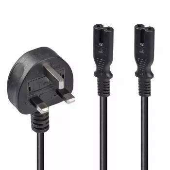 Lindy 2,5 m UK konektor typ G na 2x IEC C7 rozbočovací predlžovací kábel, čierny